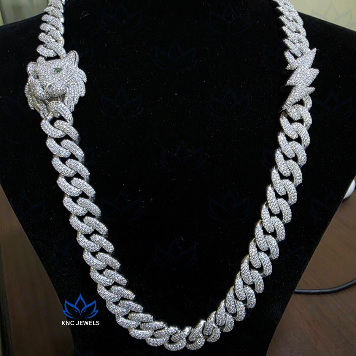 Tiger Face Moissanite Cuban Chain Mens Necklace with 925 Sterling Silver