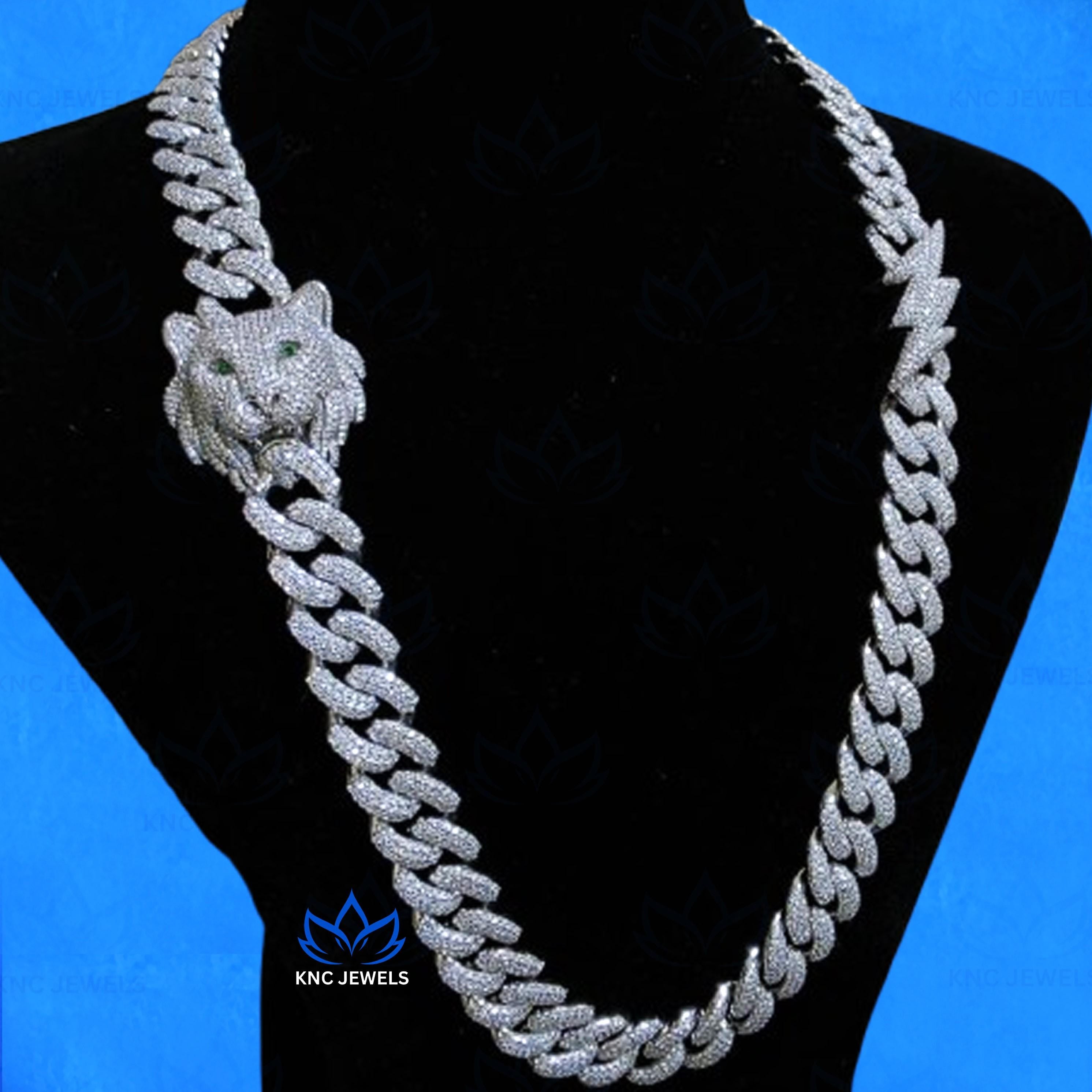 Tiger Face Moissanite Cuban Chain Mens Necklace with 925 Sterling Silver