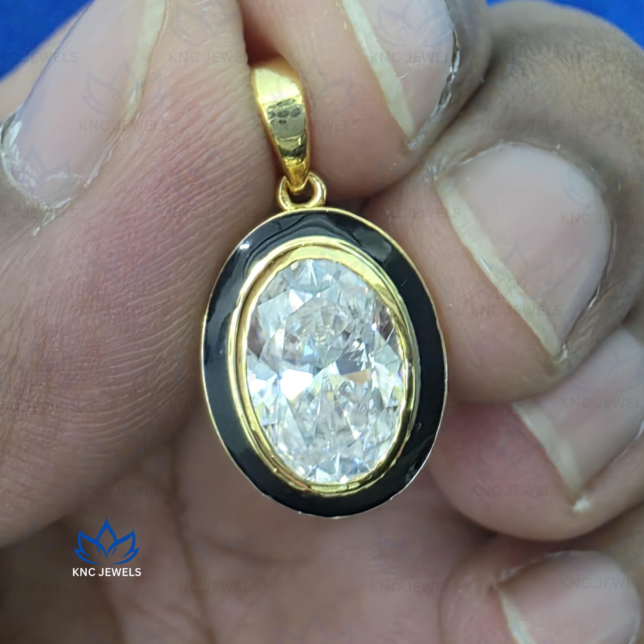 Georgian Moissanite Pendant Necklace Black Enamel Oval Collet Set Edwardian Antique Style Gold Jewelry Gift for Her
