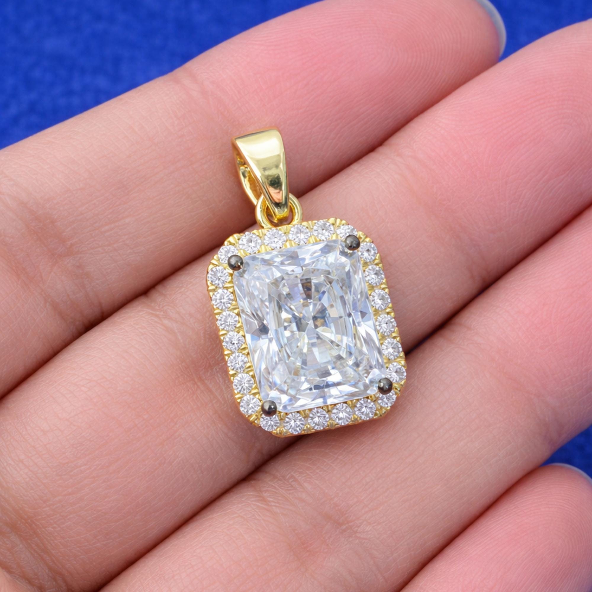 Moissanite Halo Pendant Necklace 3.50 CTW Radiant Cut 14K Yellow Gold Plated VVS Brilliance Anniversary Gift for Her