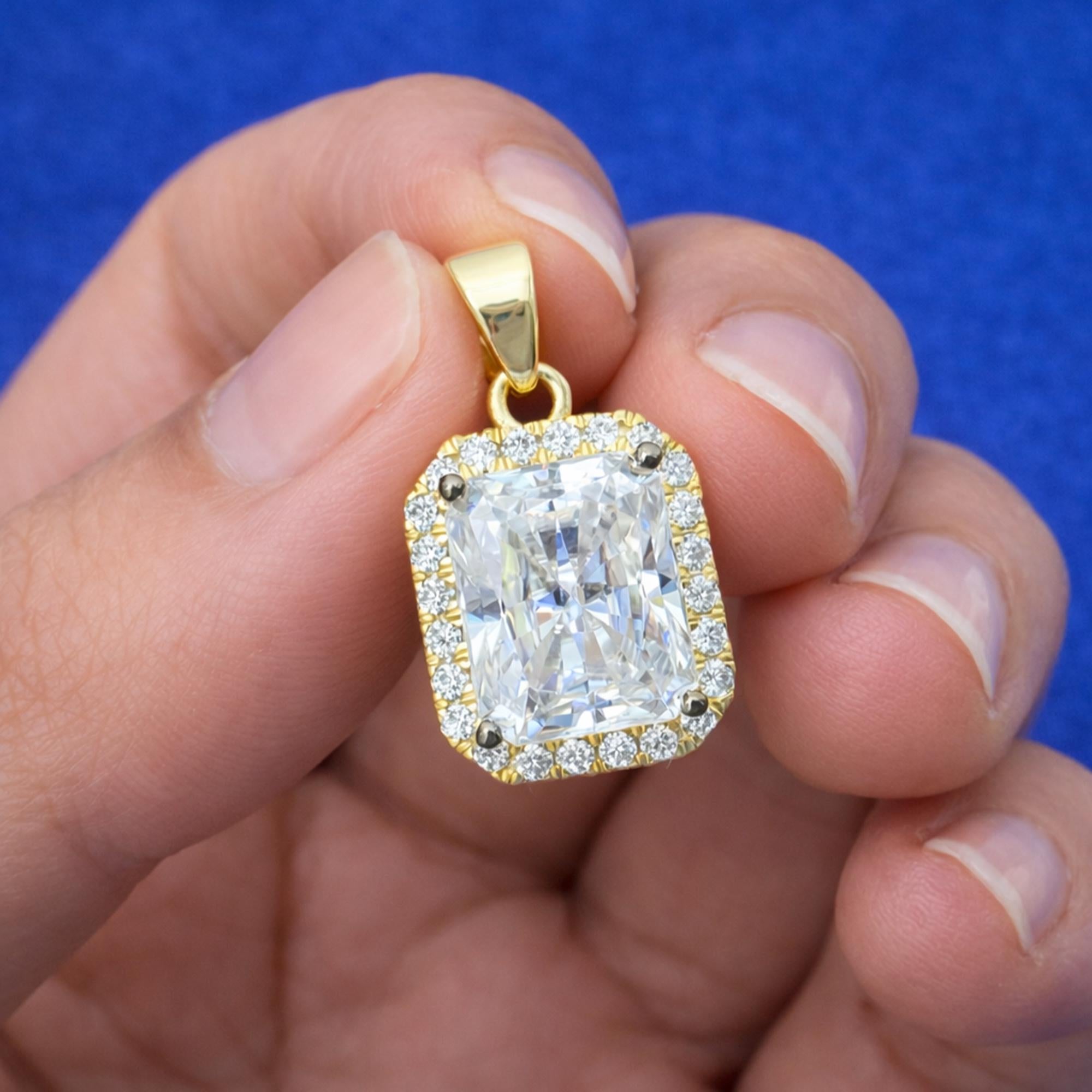 Moissanite Halo Pendant Necklace 3.50 CTW Radiant Cut 14K Yellow Gold Plated VVS Brilliance Anniversary Gift for Her