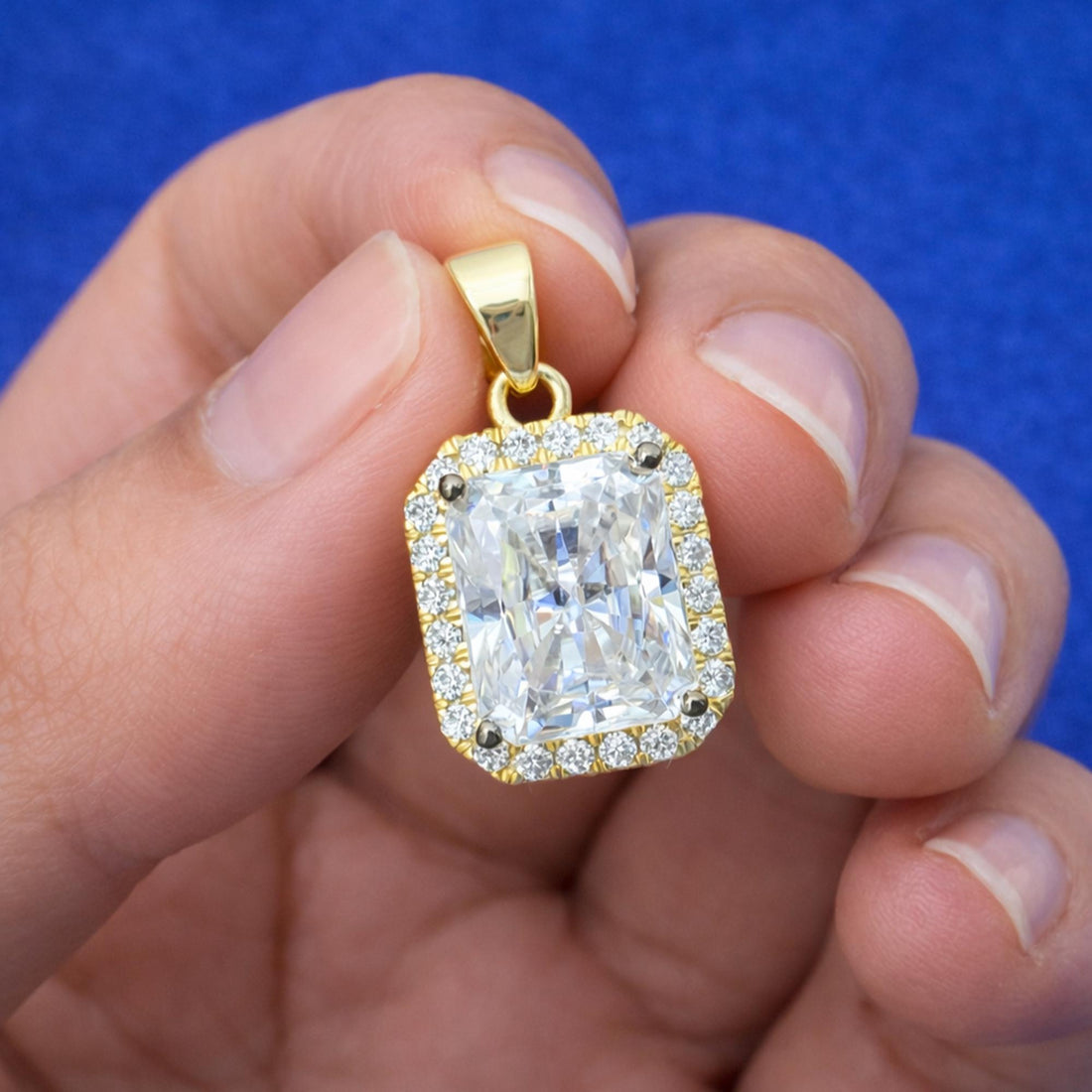 Moissanite Halo Pendant Necklace 3.50 CTW Radiant Cut 14K Yellow Gold Plated VVS Brilliance Anniversary Gift for Her