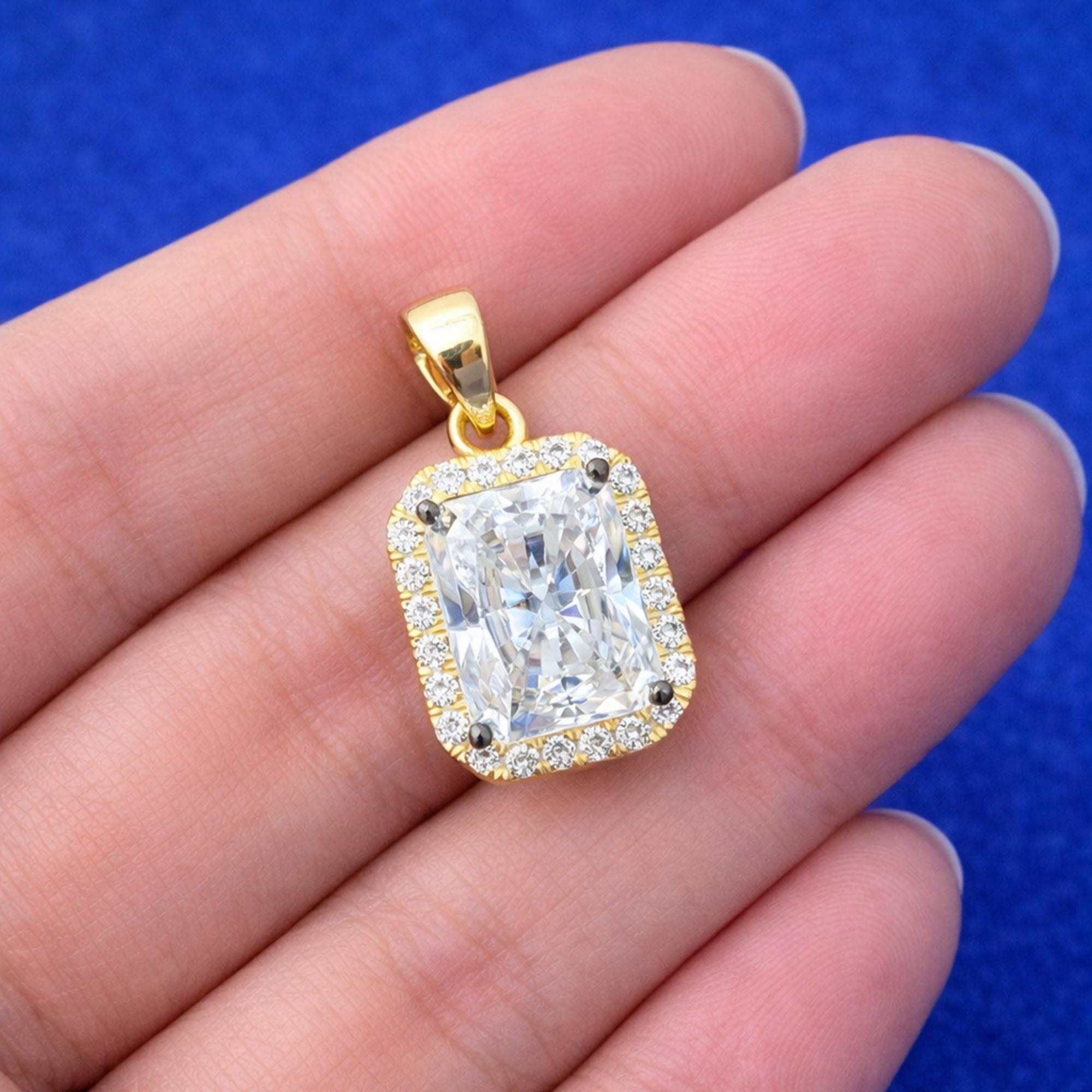 Moissanite Halo Pendant Necklace 3.50 CTW Radiant Cut 14K Yellow Gold Plated VVS Brilliance Anniversary Gift for Her