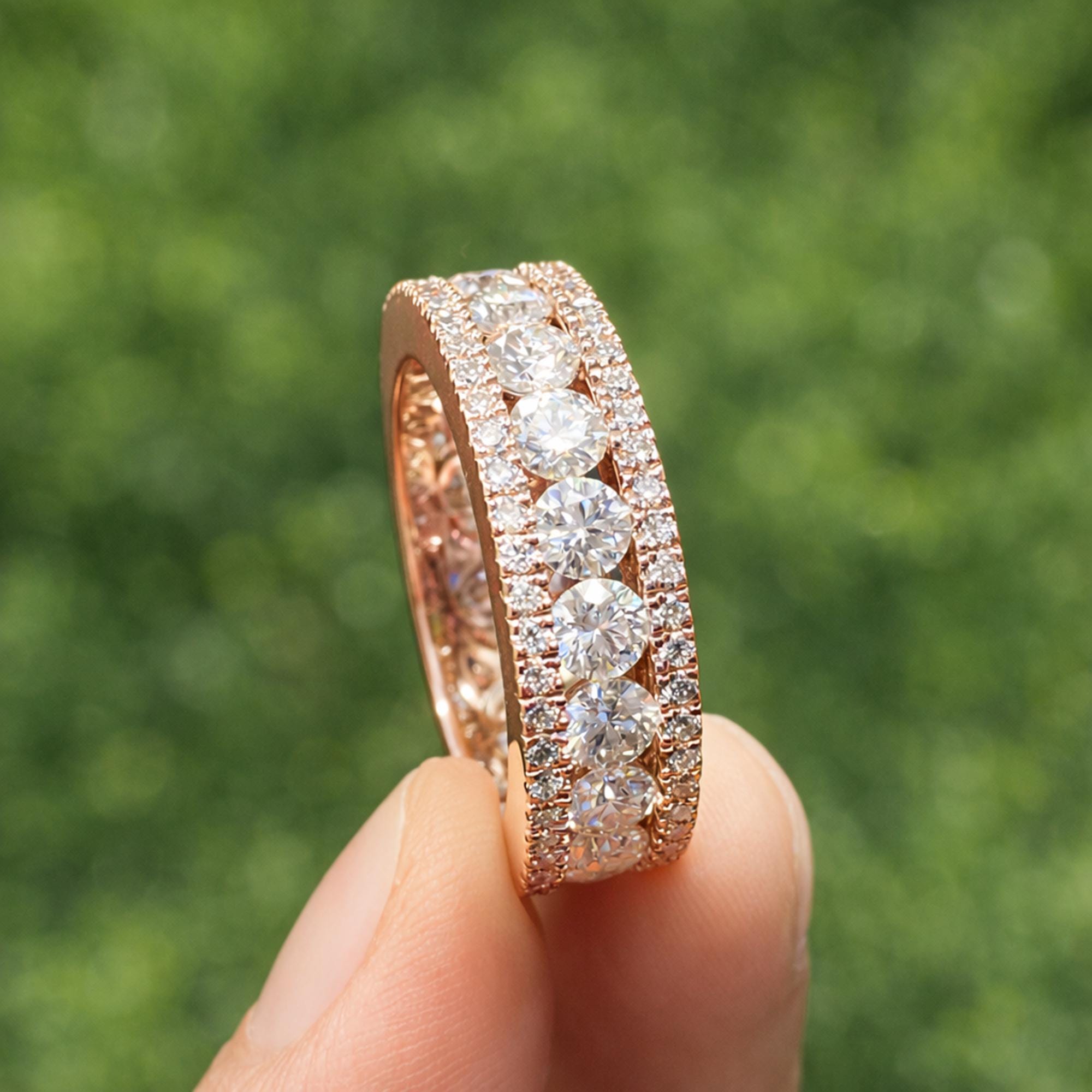Wide Pave Moissanite Mens Wedding Band, Iced Out Sterling Silver Multi Row Ring, VVS D Color, Gift for Husband, Groom Wedding Ring