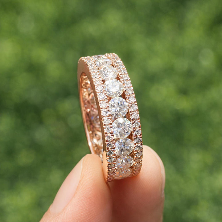 Wide Pave Moissanite Mens Wedding Band, Iced Out Sterling Silver Multi Row Ring, VVS D Color, Gift for Husband, Groom Wedding Ring