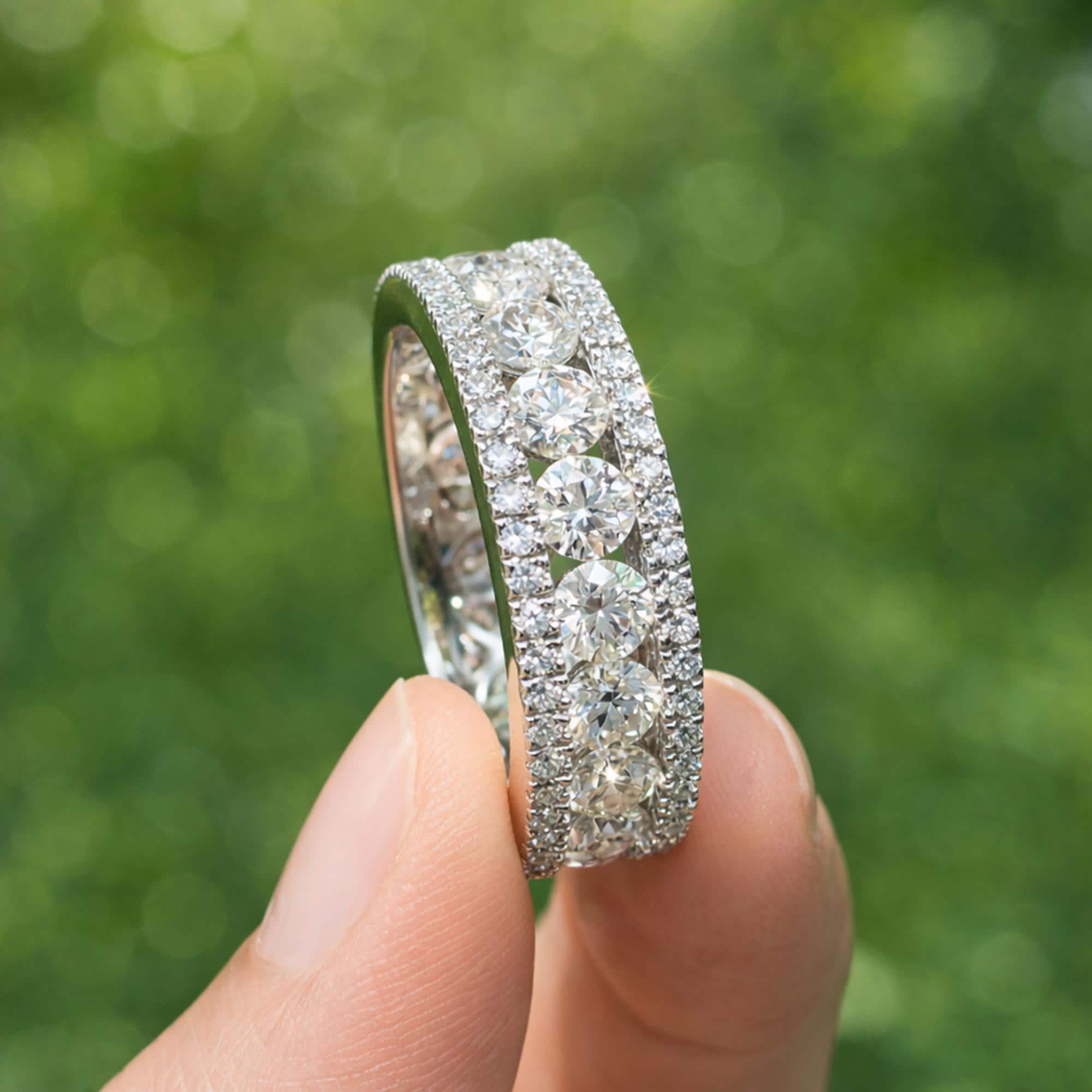 Wide Pave Moissanite Mens Wedding Band, Iced Out Sterling Silver Multi Row Ring, VVS D Color, Gift for Husband, Groom Wedding Ring
