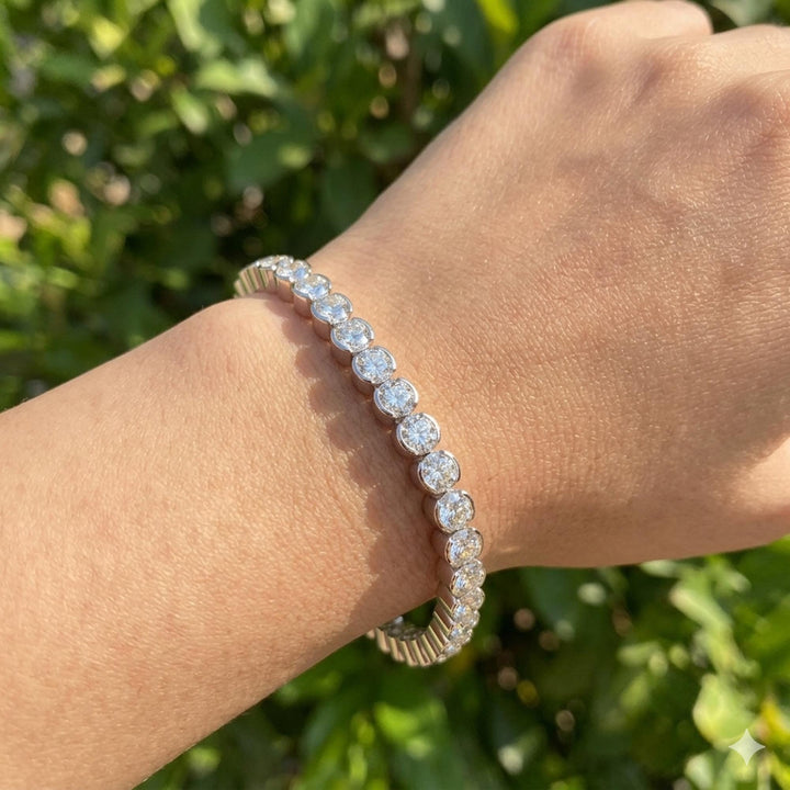 Round Cut Moissanite Tennis Bracelet, Half Bezel Set Diamond Anniversary Gift for Her