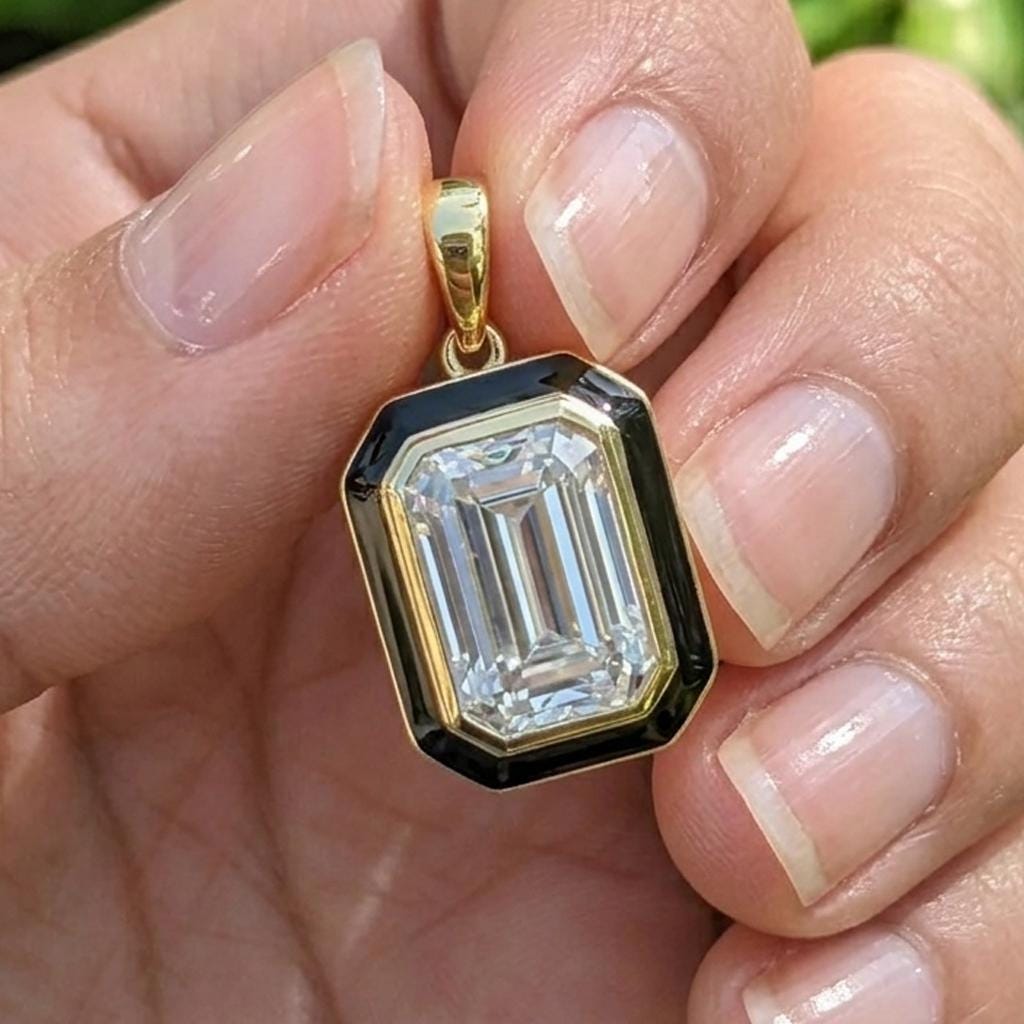 Emerald Cut Moissanite Necklace Art Deco Black Enamel Pendant Green Stone Georgian Jewelry Gold Silver Gift For Her