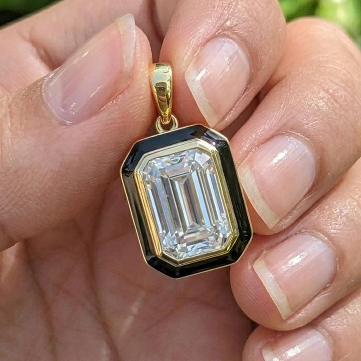 Emerald Cut Moissanite Necklace Art Deco Black Enamel Pendant Green Stone Georgian Jewelry Gold Silver Gift For Her