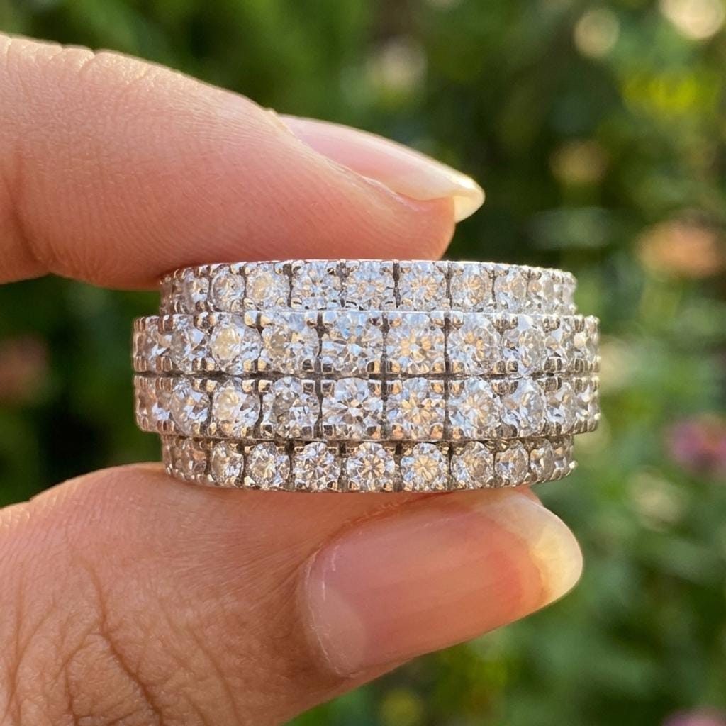 Round Cut VVS1 Moissanite Eternity Band | Sterling Silver Iced Out Hip Hop Ring | D Color 9ctw | Mens Womens Wedding Ring