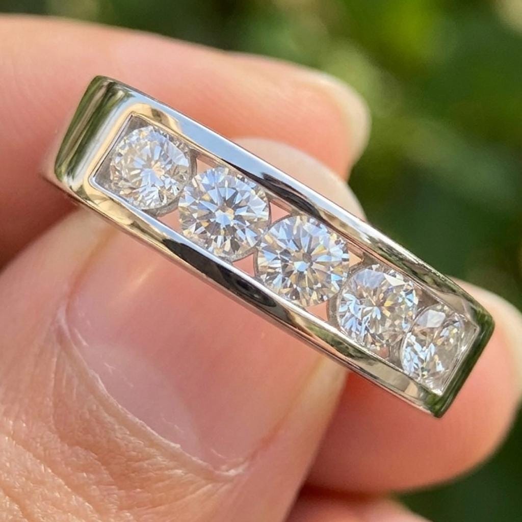 Mens Moissanite Eternity Band 925 Sterling Silver Wedding Ring Round Cut VVS1 D Color Art Deco Iced Out Lab Diamond Anniversary Gift