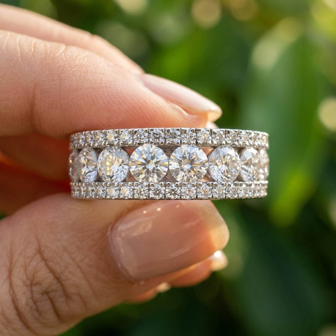 Moissanite Full Eternity Wedding Band 14K White Gold Ring Round Cut VVS1 Stackable Bridal Anniversary Ring Custom Size Gift For Her