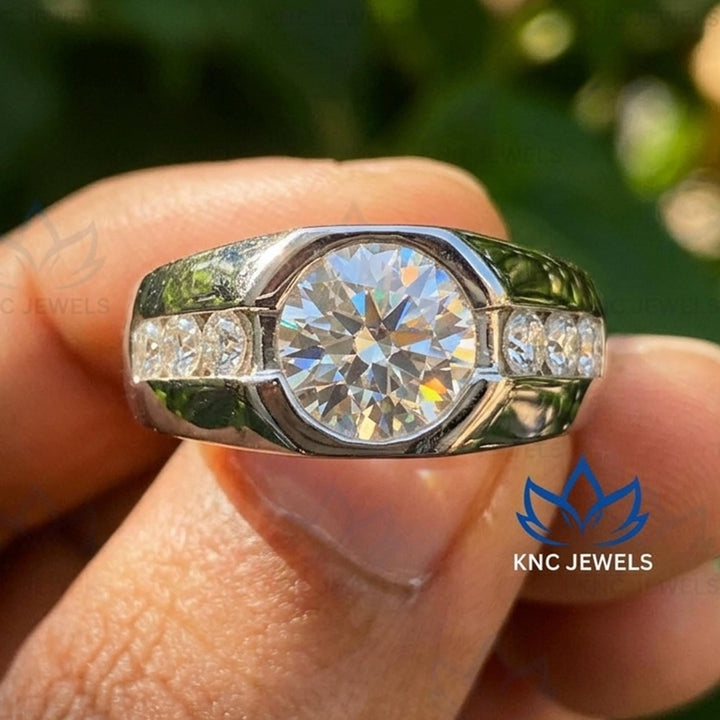 Men's Moissanite Ring: Round Cut Half Bezel Solitaire, 14K White Gold Sterling Silver Band