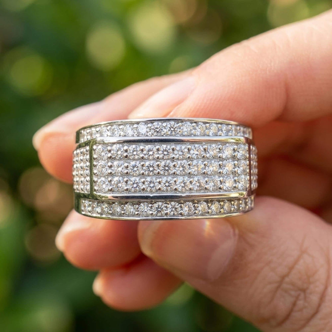 Mens Moissanite Engagement Ring | 925 Silver Iced Out Pave Wedding Band Gift for Him