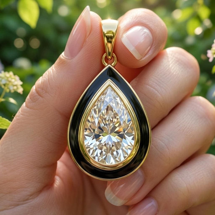 Pear Moissanite Pendant Necklace Sterling Silver Black Enamel Teardrop Gift for Her Art Deco Bridal Jewelry Anniversary Gift