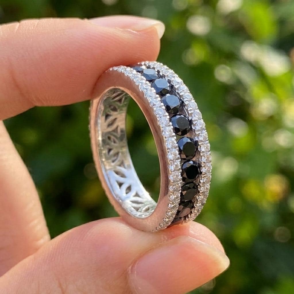 Mens Moissanite Wedding Band Black White 14K Gold Plated Silver Eternity Ring Men Engagement Band Handmade Gift for Him