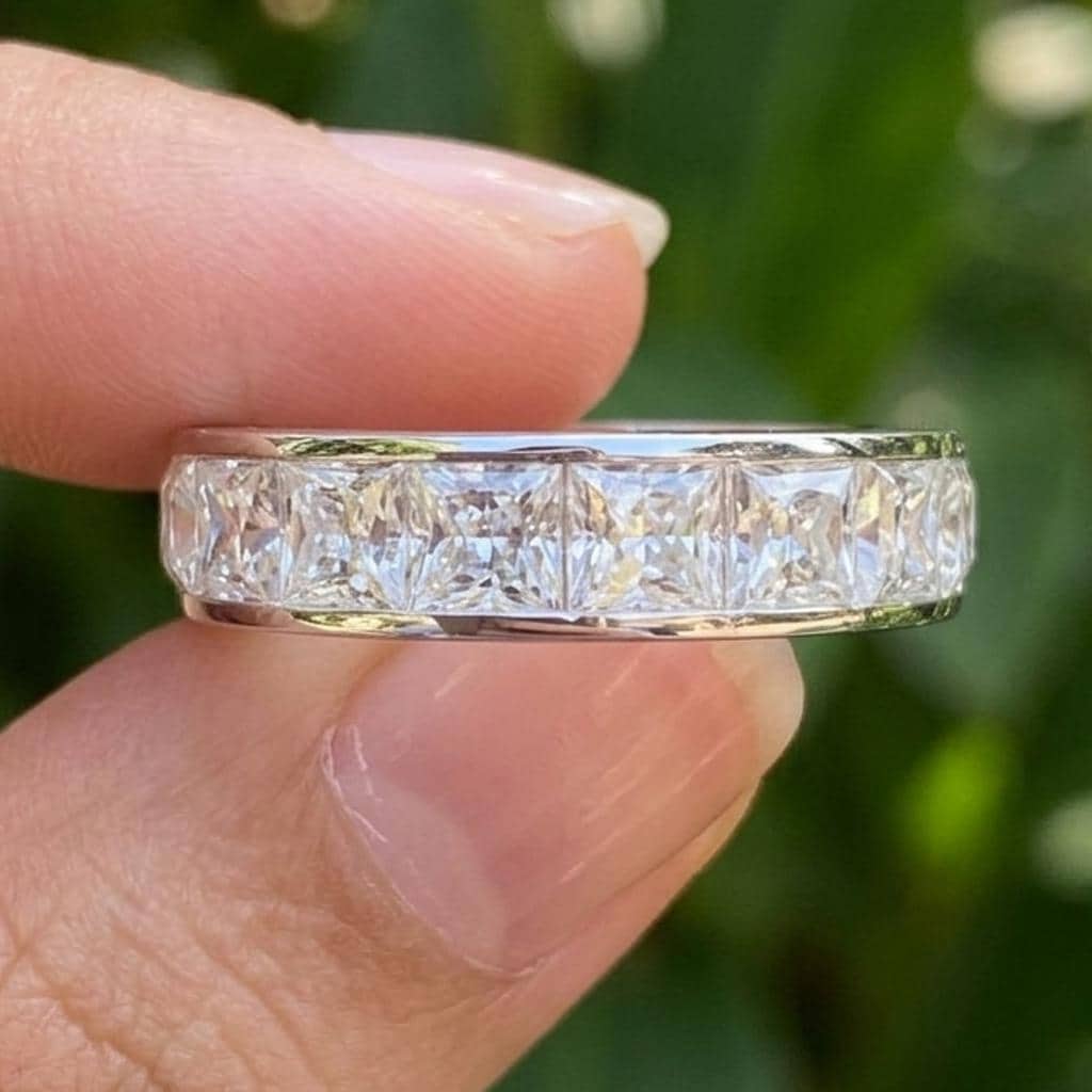 Mens Lab Grown Diamond Wedding Band 2ct Princess Cut Half Eternity Ring White Gold Anniversary Gift for Husband Him