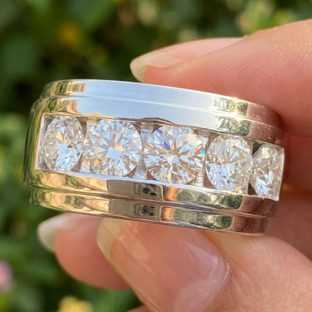 4.20 CTW Moissanite Mens Eternity Band VVS1 Round Cut Wedding Ring Sterling Silver White Gold Anniversary Gift
