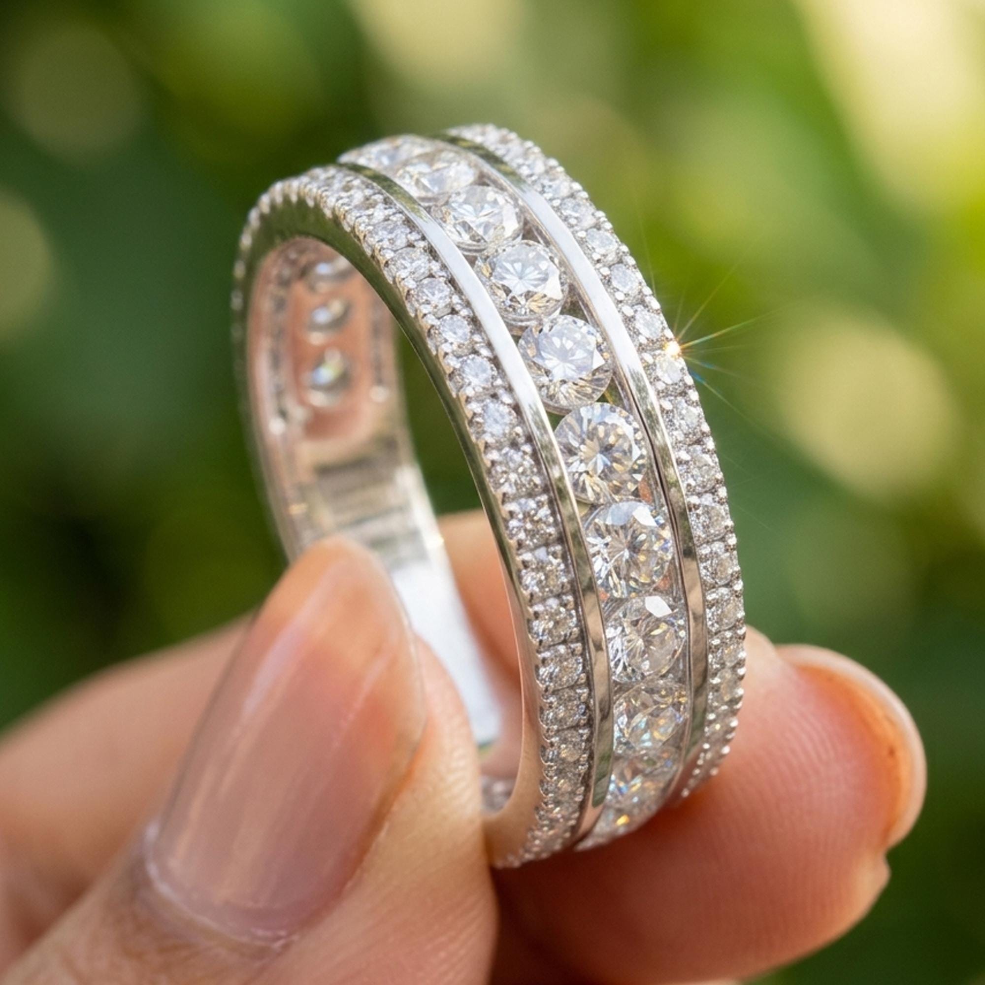 Moissanite Mens Wedding Band 3.2ct Eternity Ring Round Cut White Gold Husband Anniversary Gift