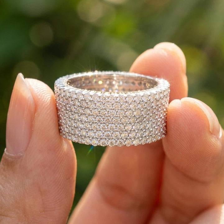 Moissanite Mens Eternity Band 5 Row VVS1 D Color Pave Set Round Cut White Gold Sterling Silver Wedding Ring Lab Grown Diamond Anniversary
