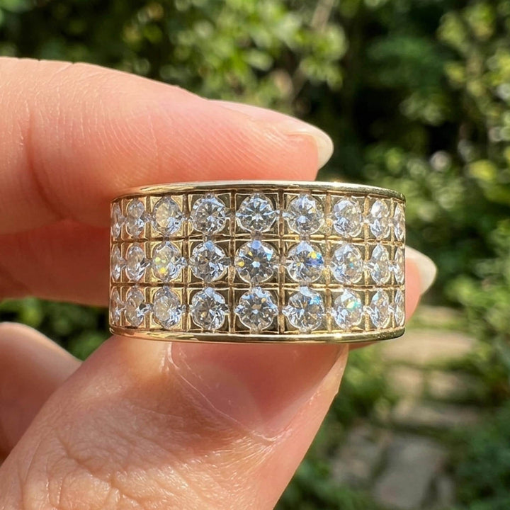 3 Row Moissanite Wide Band Ring Yellow Gold Mens Moissanite Wedding Band Statement Ring Luxury Gift
