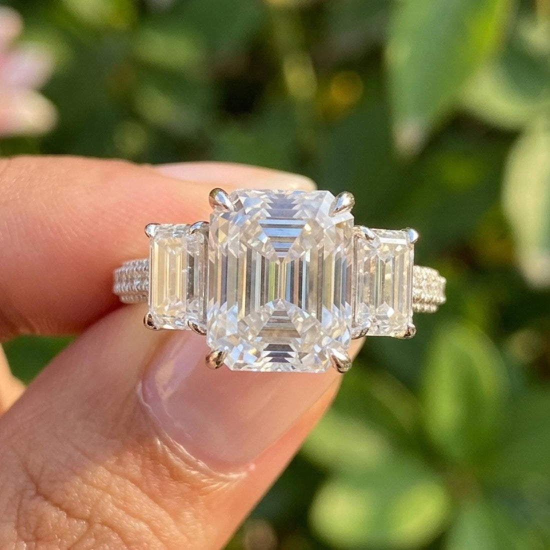 Emerald Cut Moissanite Three Stone Ring Engagement Ring VVS1 D Color Sterling Silver Bridal Ring Anniversary Gift for Her