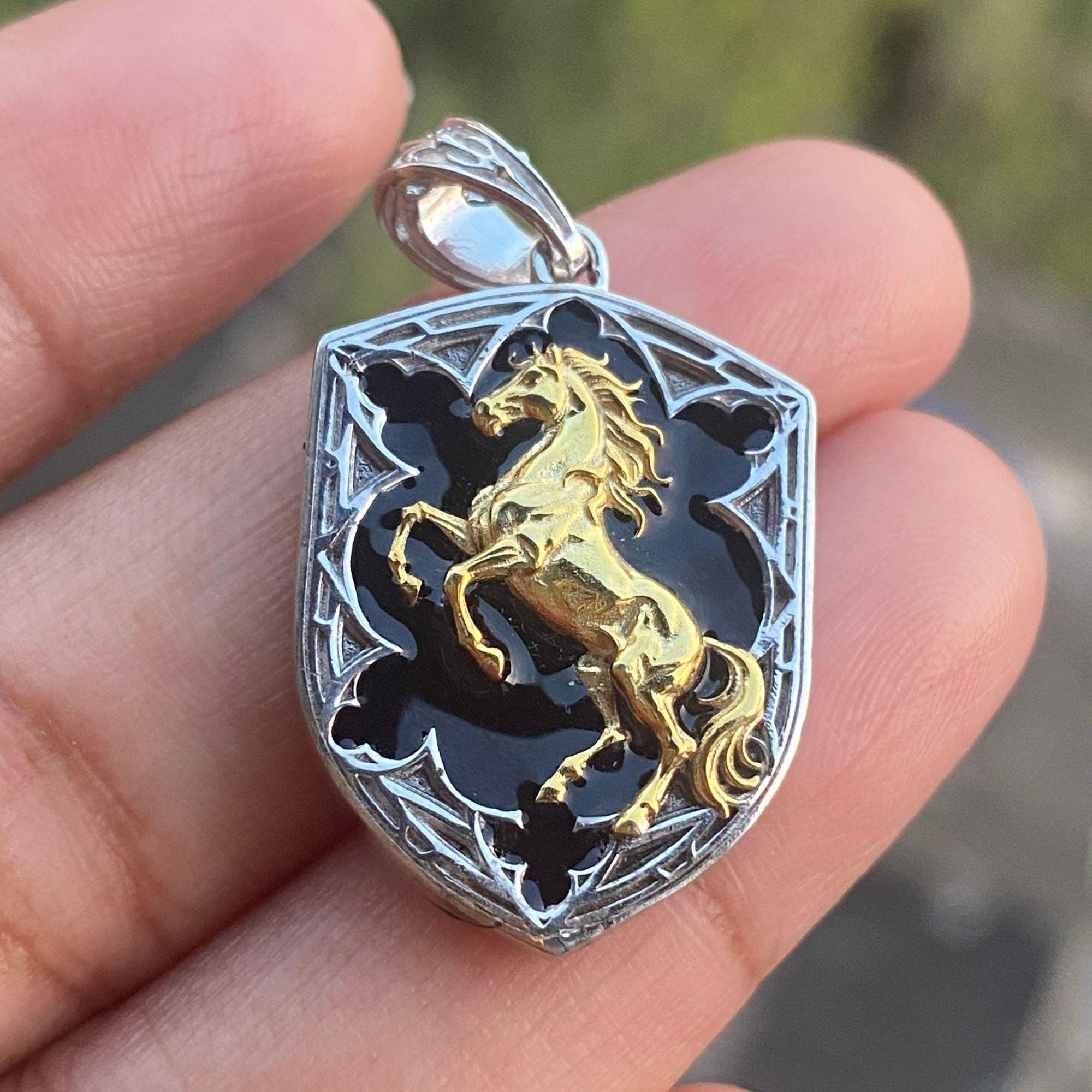 Men's Rearing Horse Pendant Necklace 925 Sterling Silver | Gothic Shield Equestrian Charm | Black Enamel Gold Horse | Birthday Gift for Him