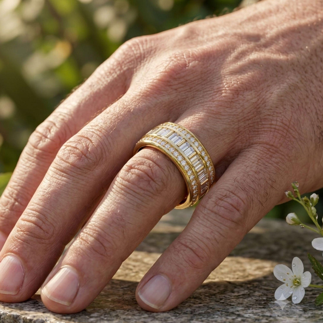 Mens Moissanite Garnet Eternity Ring, Baguette Round Cut Wedding Band, 14K Gold Full Eternity Stackable Ring, Anniversary Gift for Him