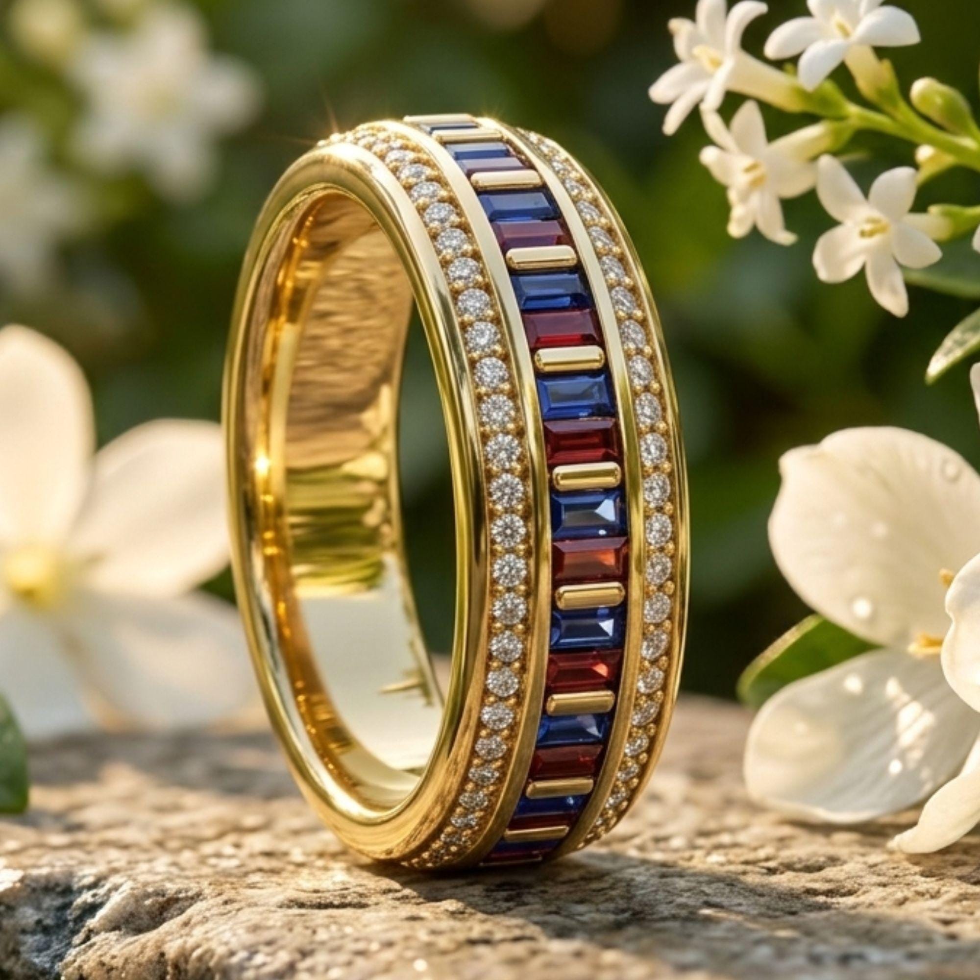 Baguette Moissanite Eternity Band, 14K Gold Full Eternity Wedding Ring, Baguette & Round Cut Stackable Anniversary Band, Bridal Gift for Her