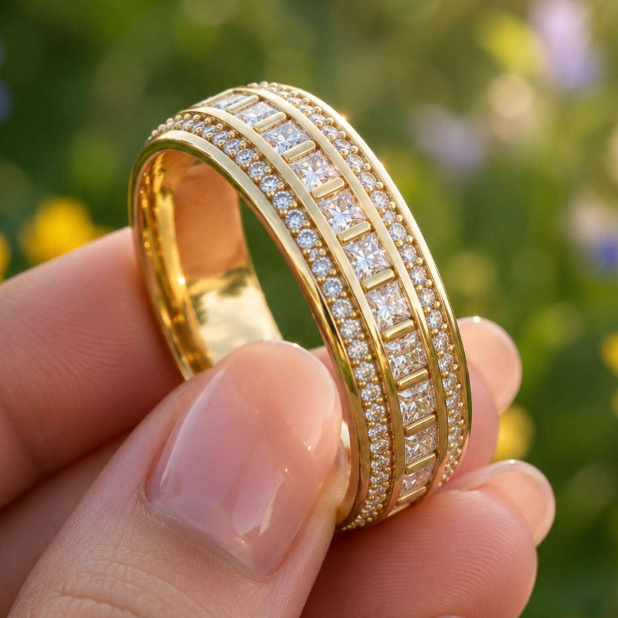 3.40ctw Princess Cut Moissanite Eternity Band | D Color VVS1 | 925 Sterling Silver & 14K Gold Wedding Band | Stackable Anniversary Ring