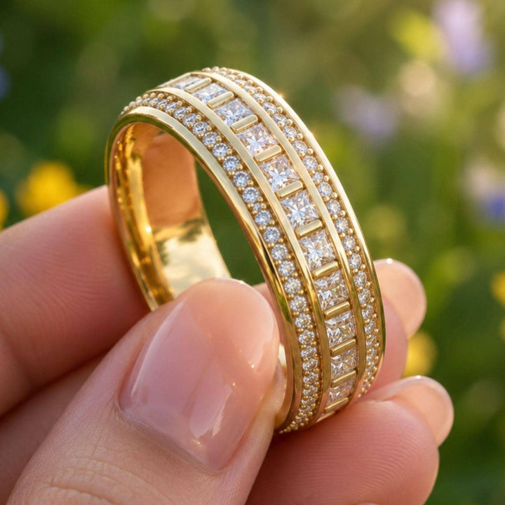 3.40ctw Princess Cut Moissanite Eternity Band | D Color VVS1 | 925 Sterling Silver & 14K Gold Wedding Band | Stackable Anniversary Ring