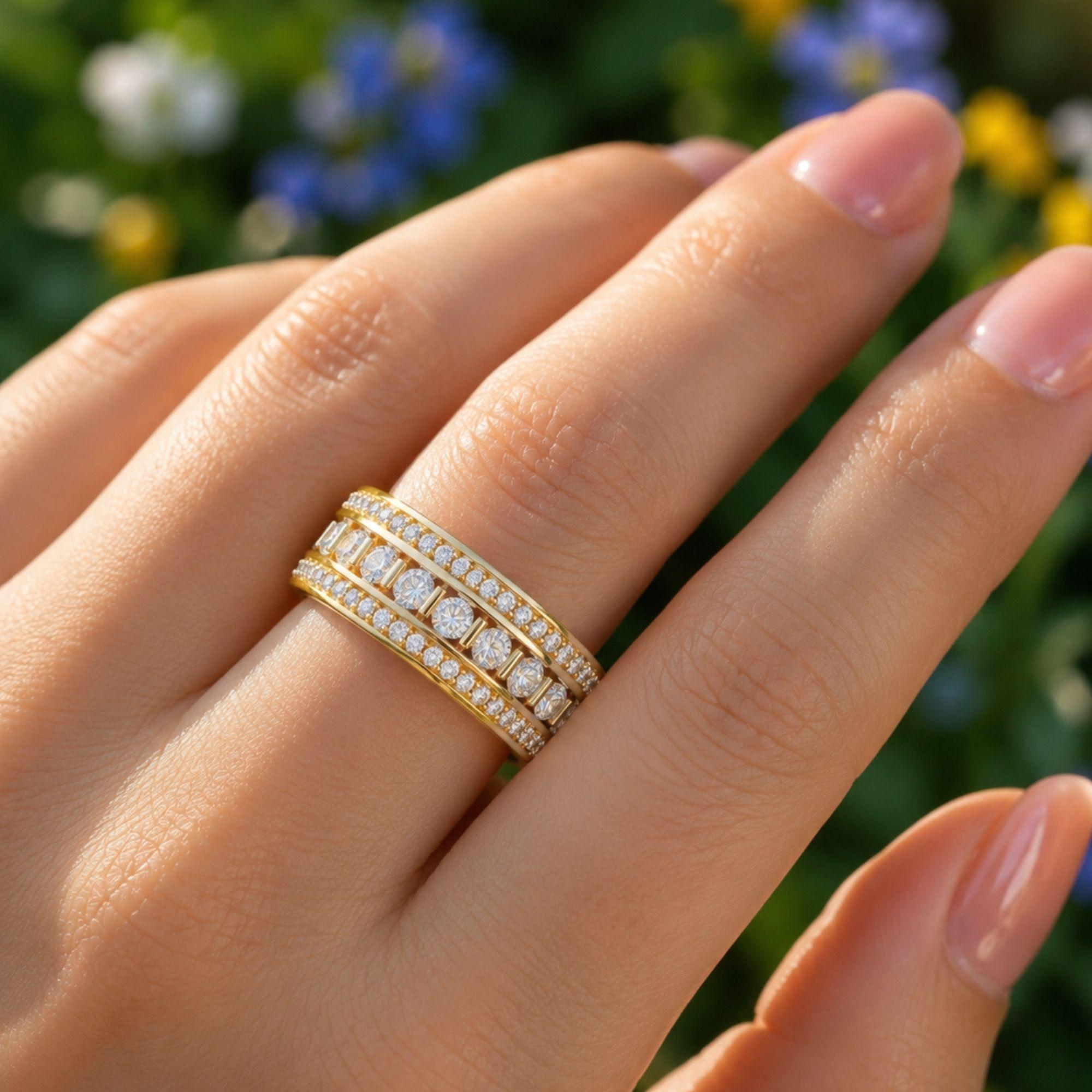Blue Sapphire Moissanite Eternity Wedding Band | 14K Gold Stacking Anniversary Ring | Baguette Full Eternity Ring Gift for Her