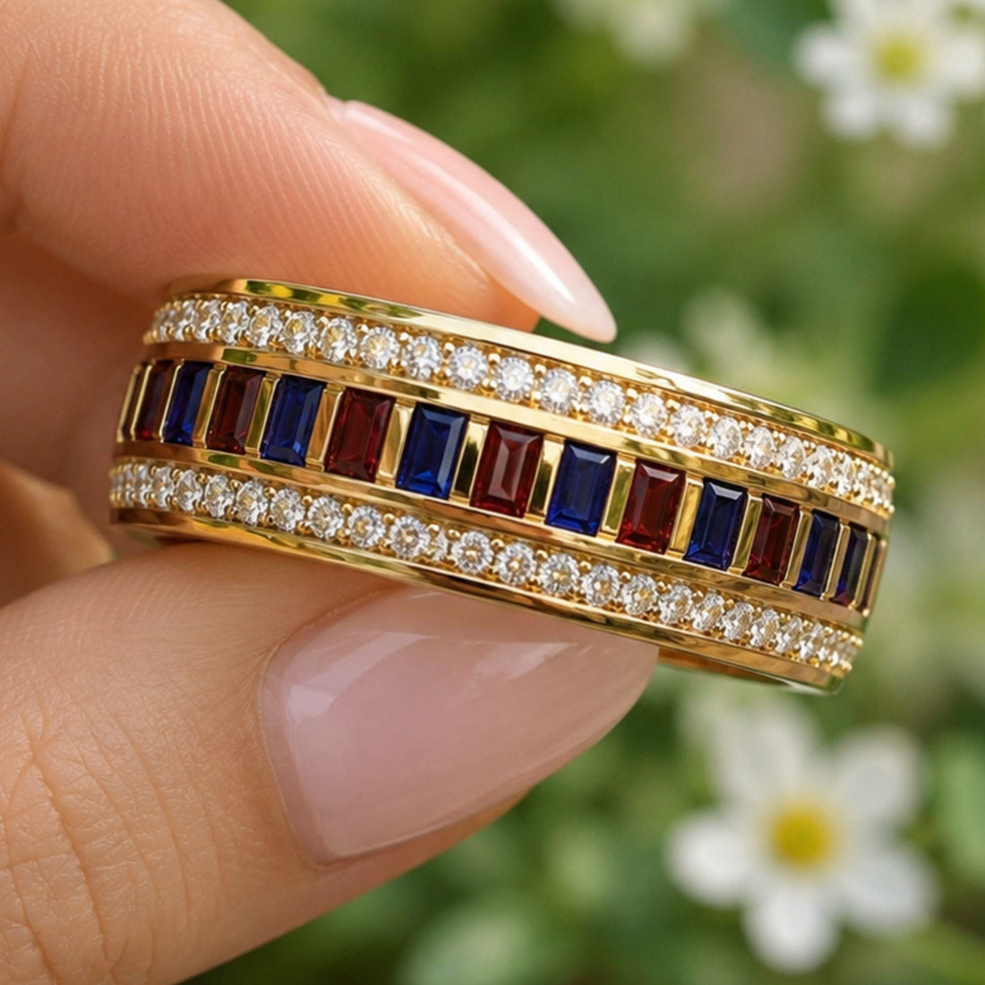 Baguette Eternity Ring, Garnet Sapphire Wedding Band, 14K Gold Stackable Anniversary Ring, Unisex Band Gift for Him Her