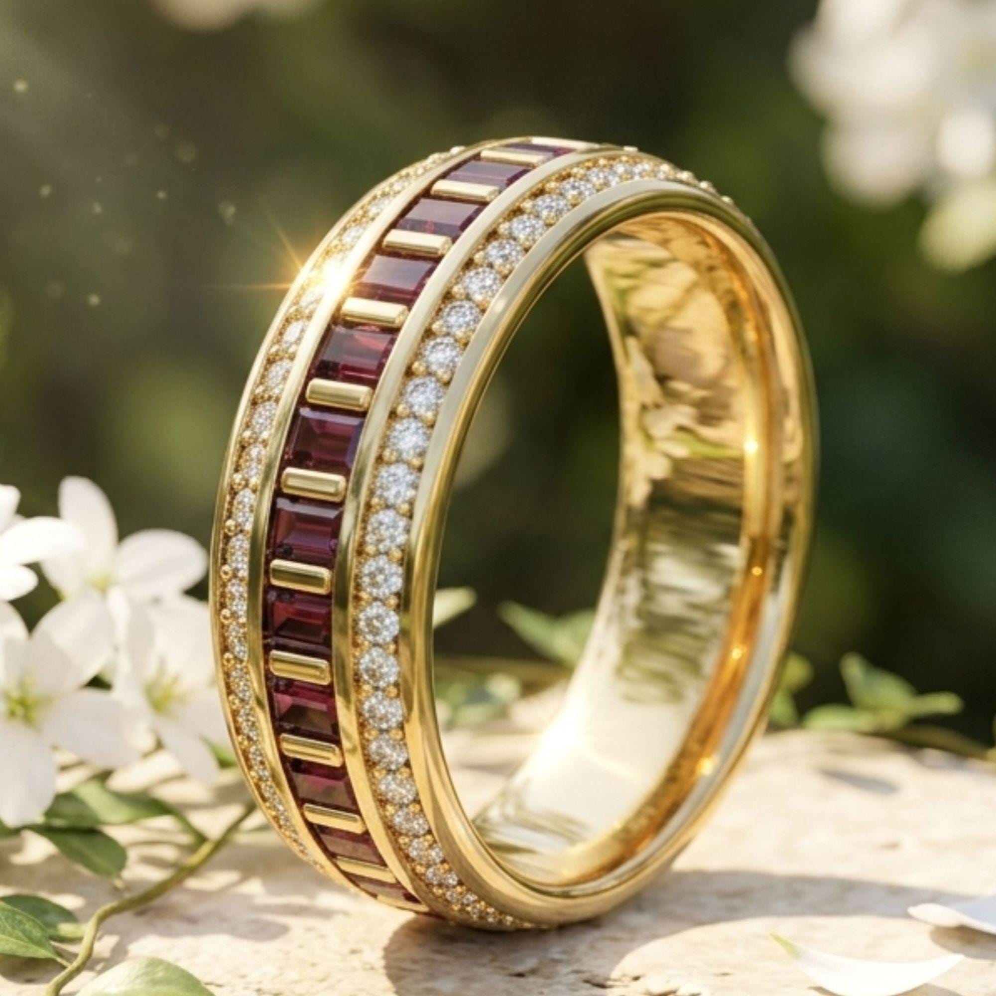 Baguette Eternity Ring, Garnet Sapphire Wedding Band, 14K Gold Stackable Anniversary Ring, Unisex Band Gift for Him Her