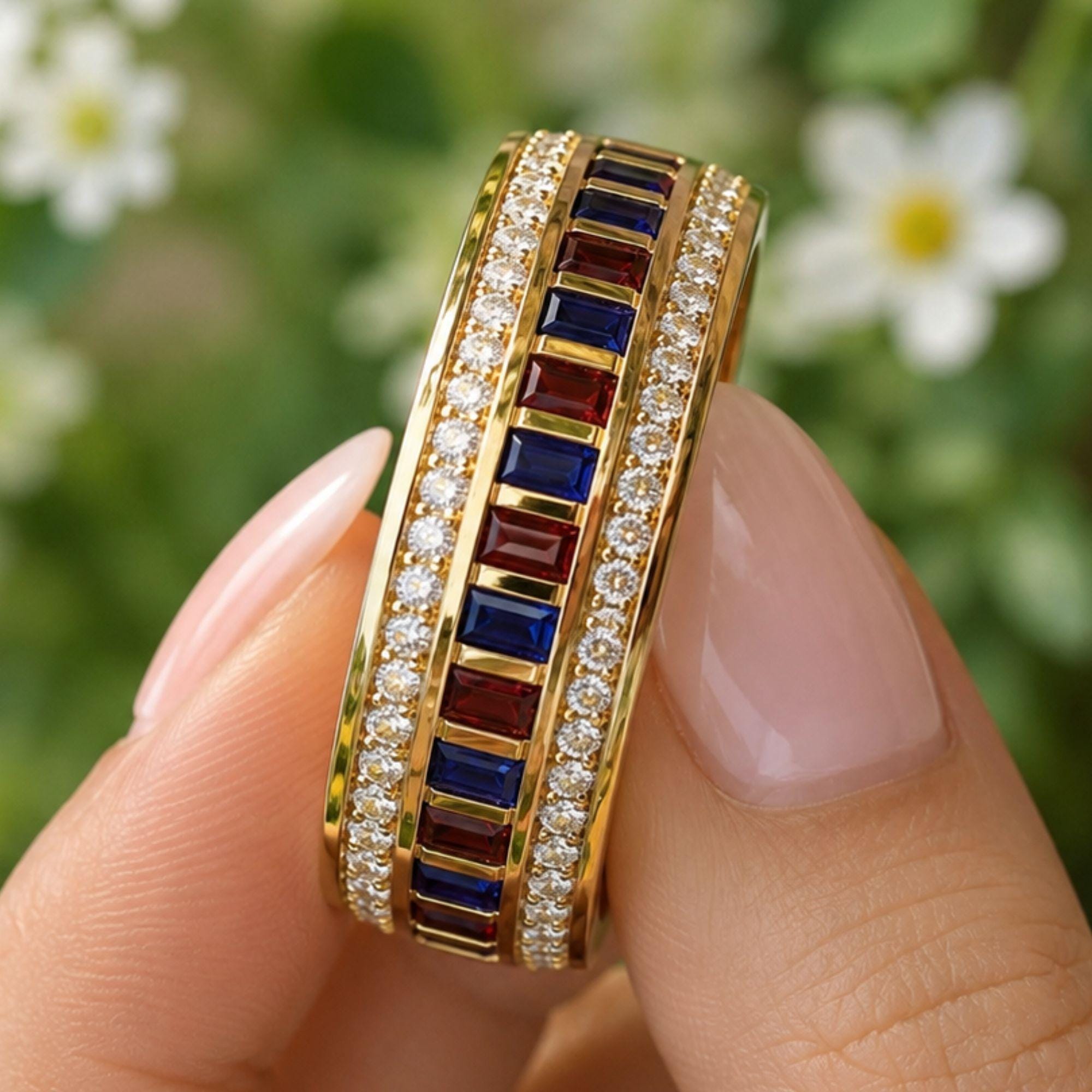 Baguette Eternity Ring, Garnet Sapphire Wedding Band, 14K Gold Stackable Anniversary Ring, Unisex Band Gift for Him Her