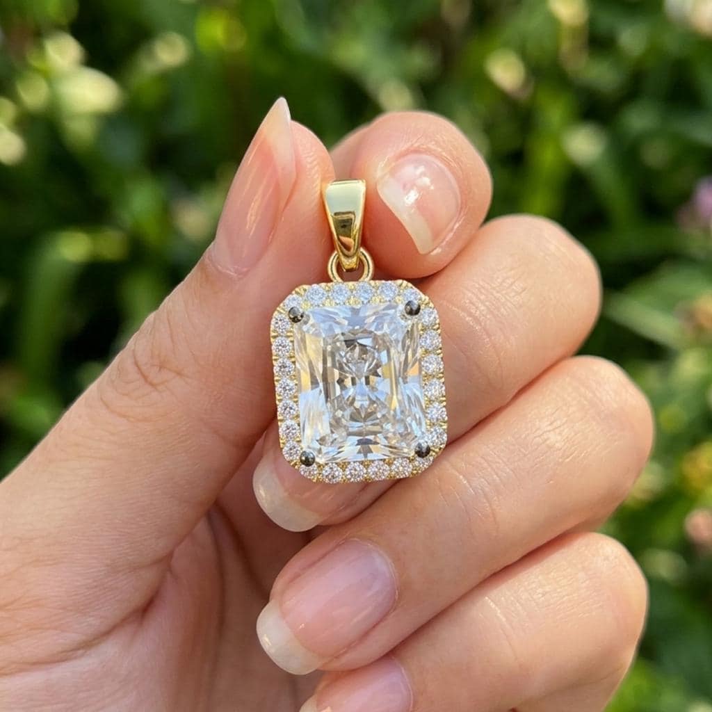 Moissanite Halo Pendant Necklace 3.50 CTW Radiant Cut 14K Yellow Gold Plated VVS Brilliance Anniversary Gift for Her