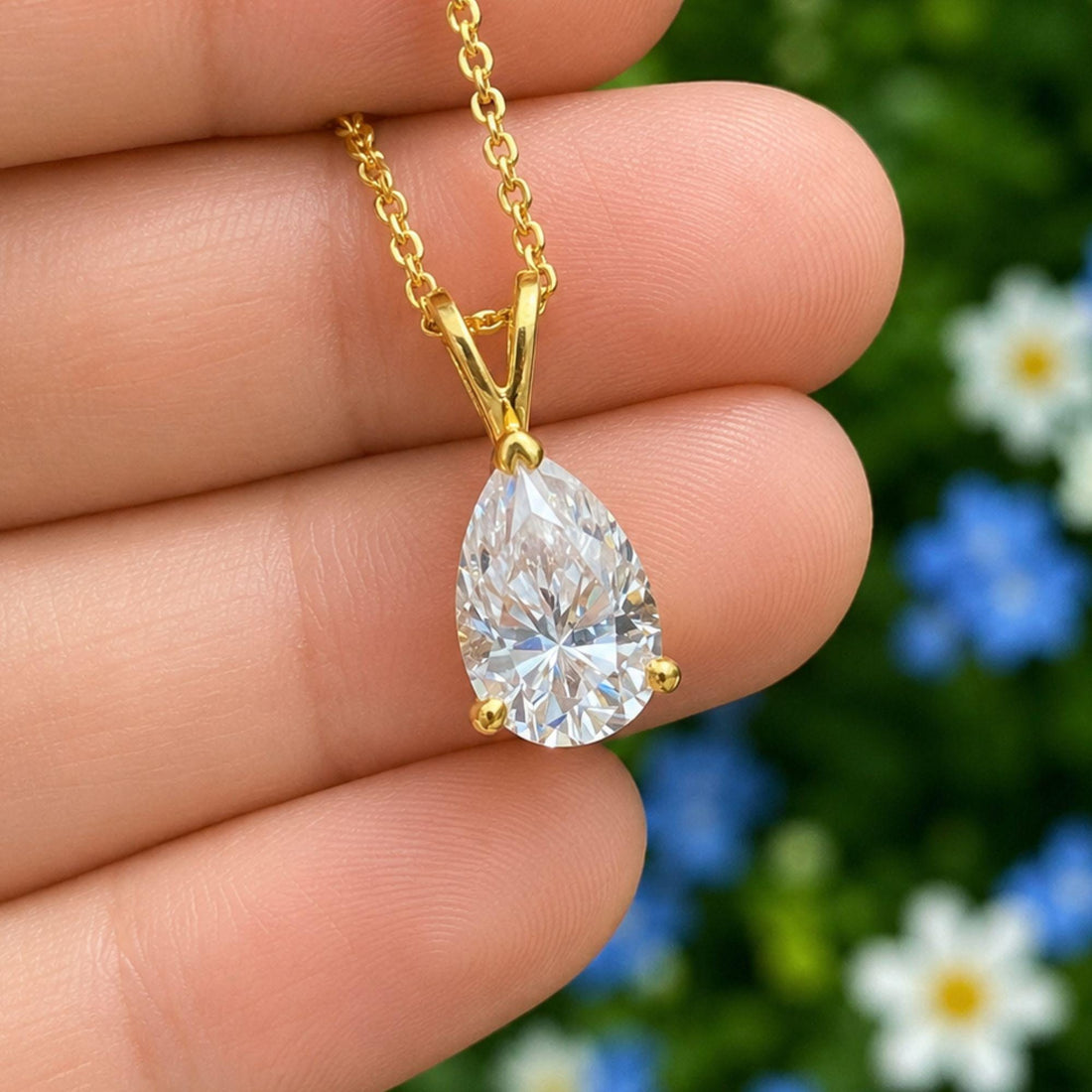 Pear Cut Moissanite Pendant Necklace: 14K Yellow Gold Teardrop Solitaire