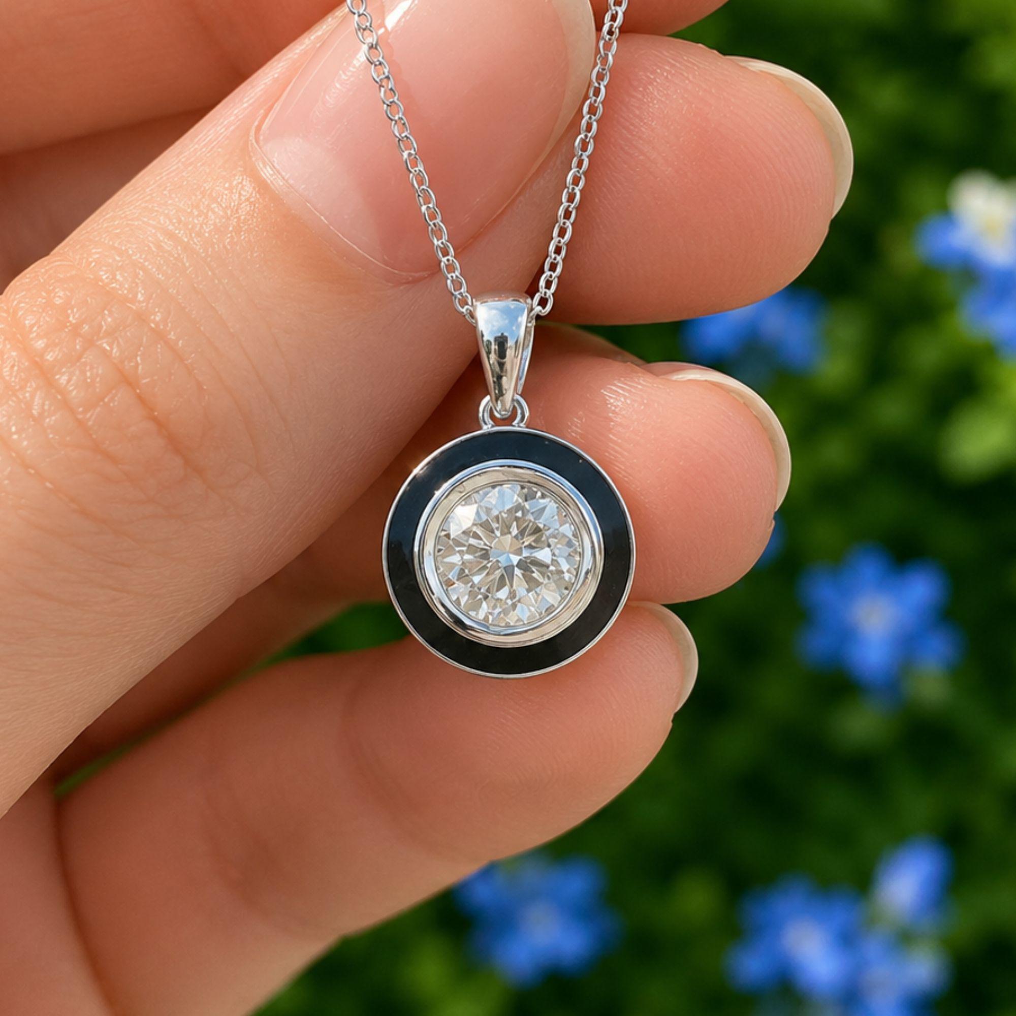 Georgian Style Moissanite Pendant Necklace: Sterling Silver, Black Enamel