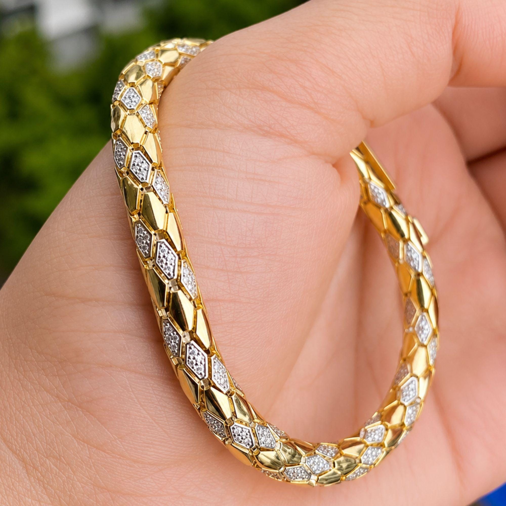 Moissanite Tennis Bangle Bracelet, VVS1 D Color 14K Gold Plated 925 Sterling Silver, Unisex Stackable Gift for Women Men, Wedding Gift