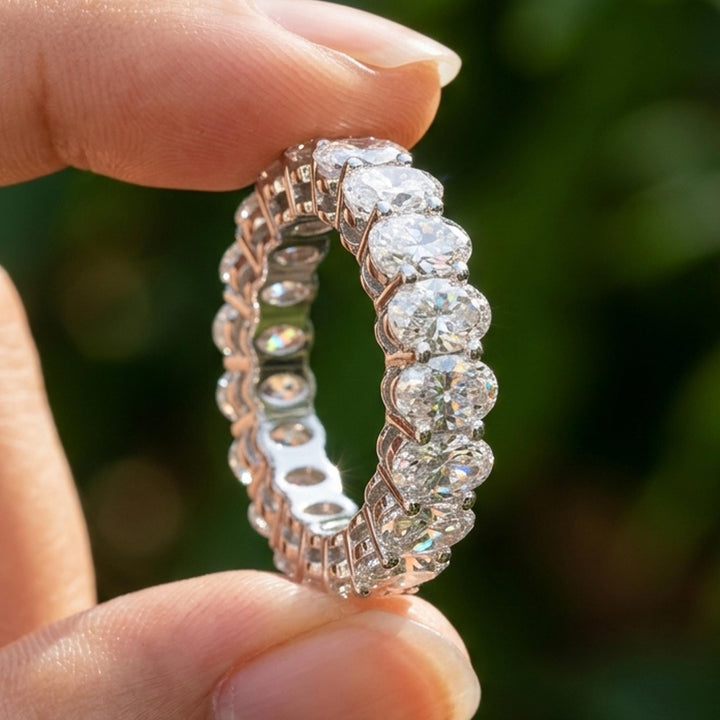 14K Gold Lab Grown Moissanite Diamond Eternity Band: Oval Cut Wedding Ring