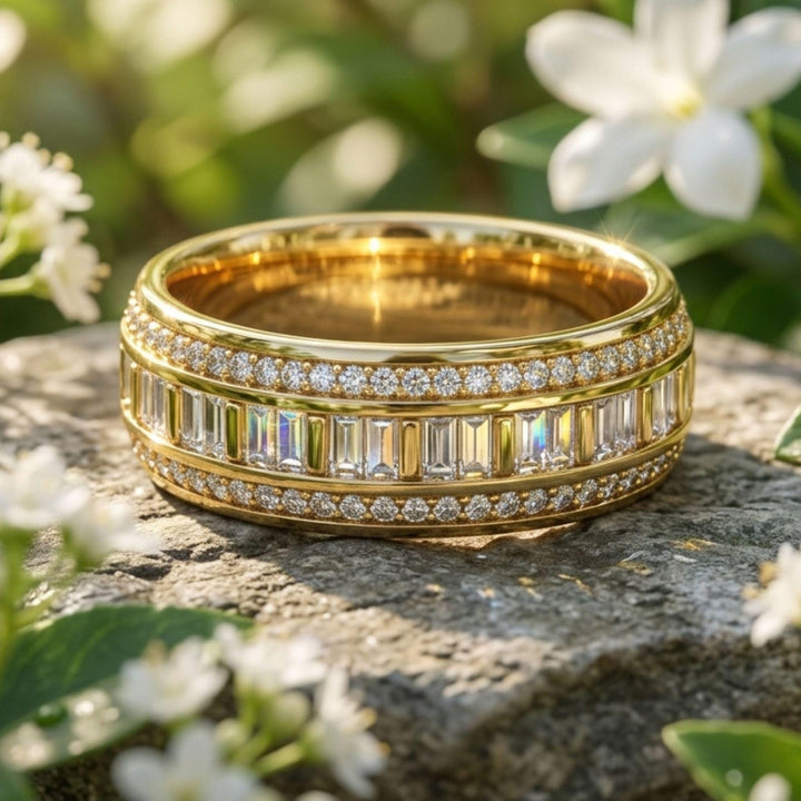 Baguette Moissanite Eternity Band, 14K Gold Full Eternity Wedding Ring, Baguette & Round Cut Stackable Anniversary Band, Bridal Gift for Her