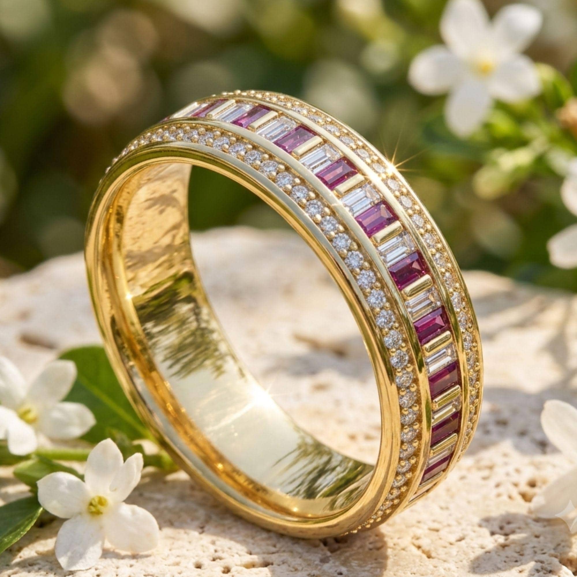 Baguette Moissanite Eternity Band, 14K Gold Full Eternity Wedding Ring, Baguette & Round Cut Stackable Anniversary Band, Bridal Gift for Her