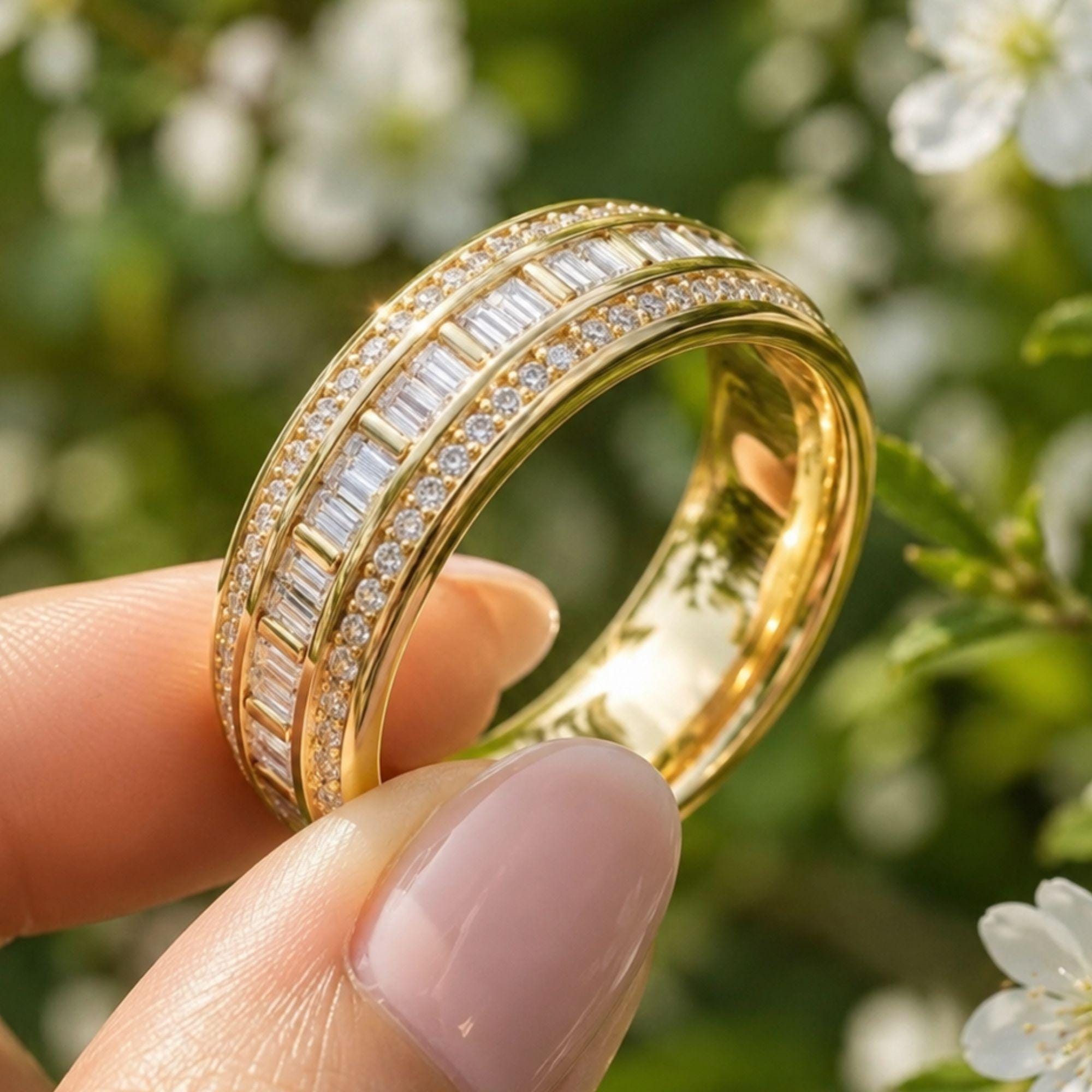 Mens Moissanite Garnet Eternity Ring, Baguette Round Cut Wedding Band, 14K Gold Full Eternity Stackable Ring, Anniversary Gift for Him