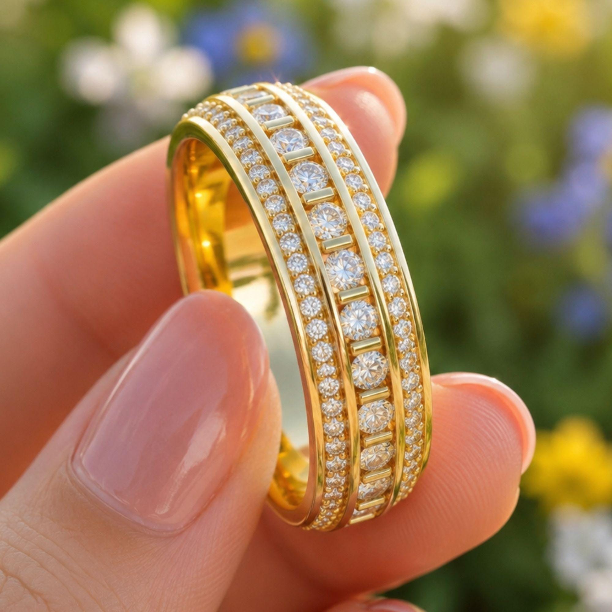 Blue Sapphire Moissanite Eternity Wedding Band | 14K Gold Stacking Anniversary Ring | Baguette Full Eternity Ring Gift for Her