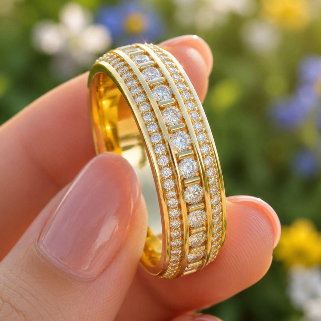 Blue Sapphire Moissanite Eternity Wedding Band | 14K Gold Stacking Anniversary Ring | Baguette Full Eternity Ring Gift for Her