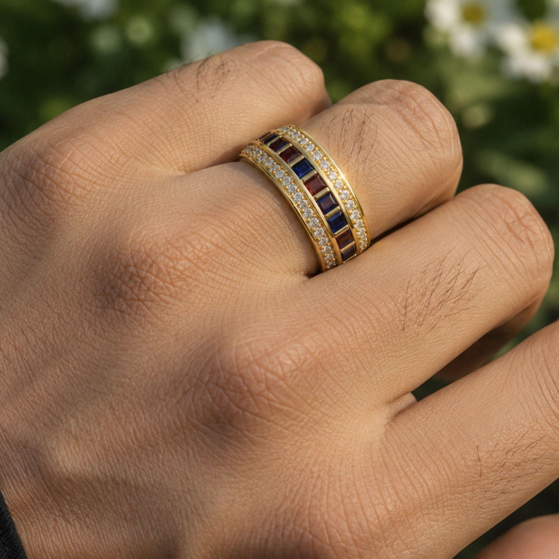 Baguette Eternity Ring, Garnet Sapphire Wedding Band, 14K Gold Stackable Anniversary Ring, Unisex Band Gift for Him Her