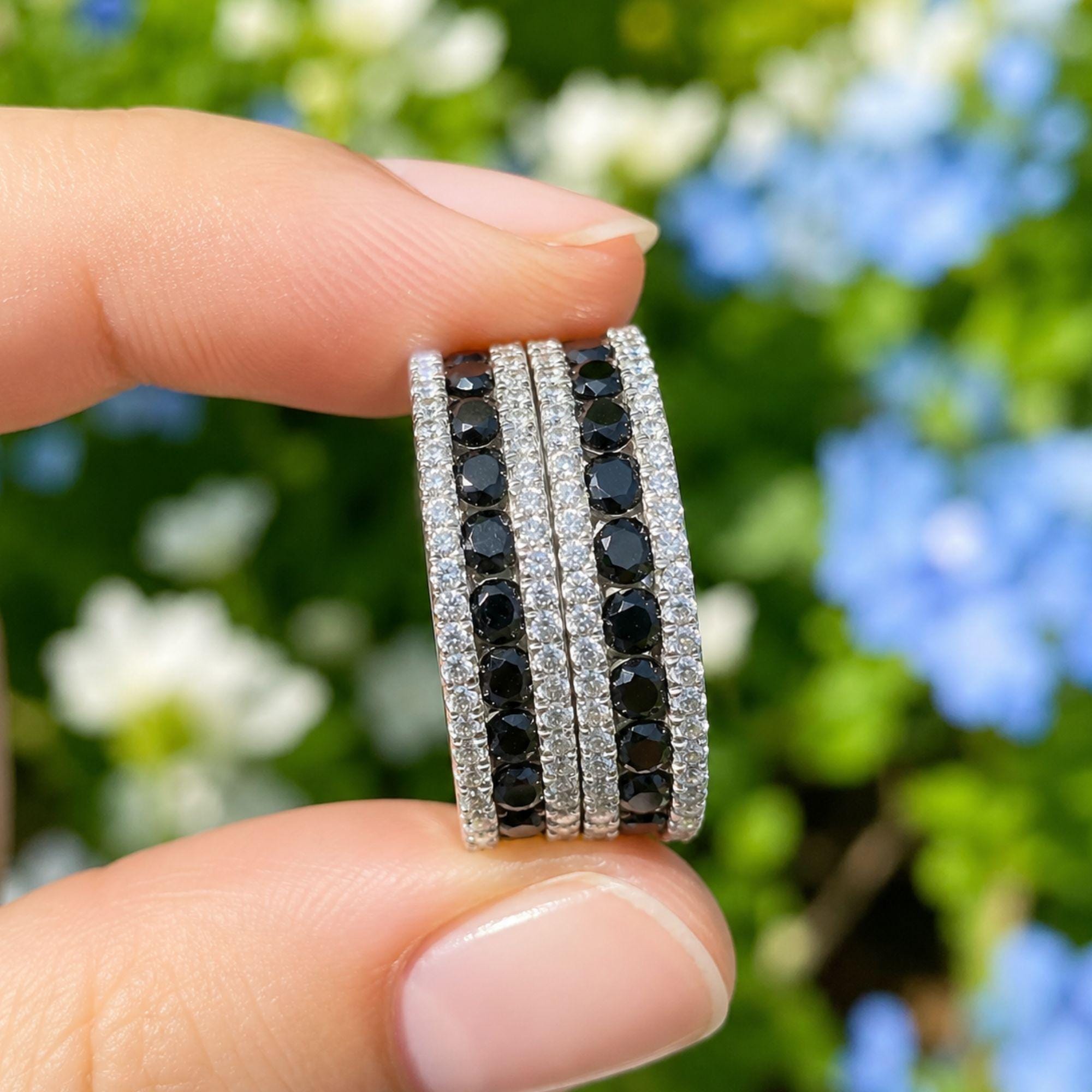 Lab Grown Diamond & Black Moissanite Eternity Band: Black Plated 925 Sterling Silver