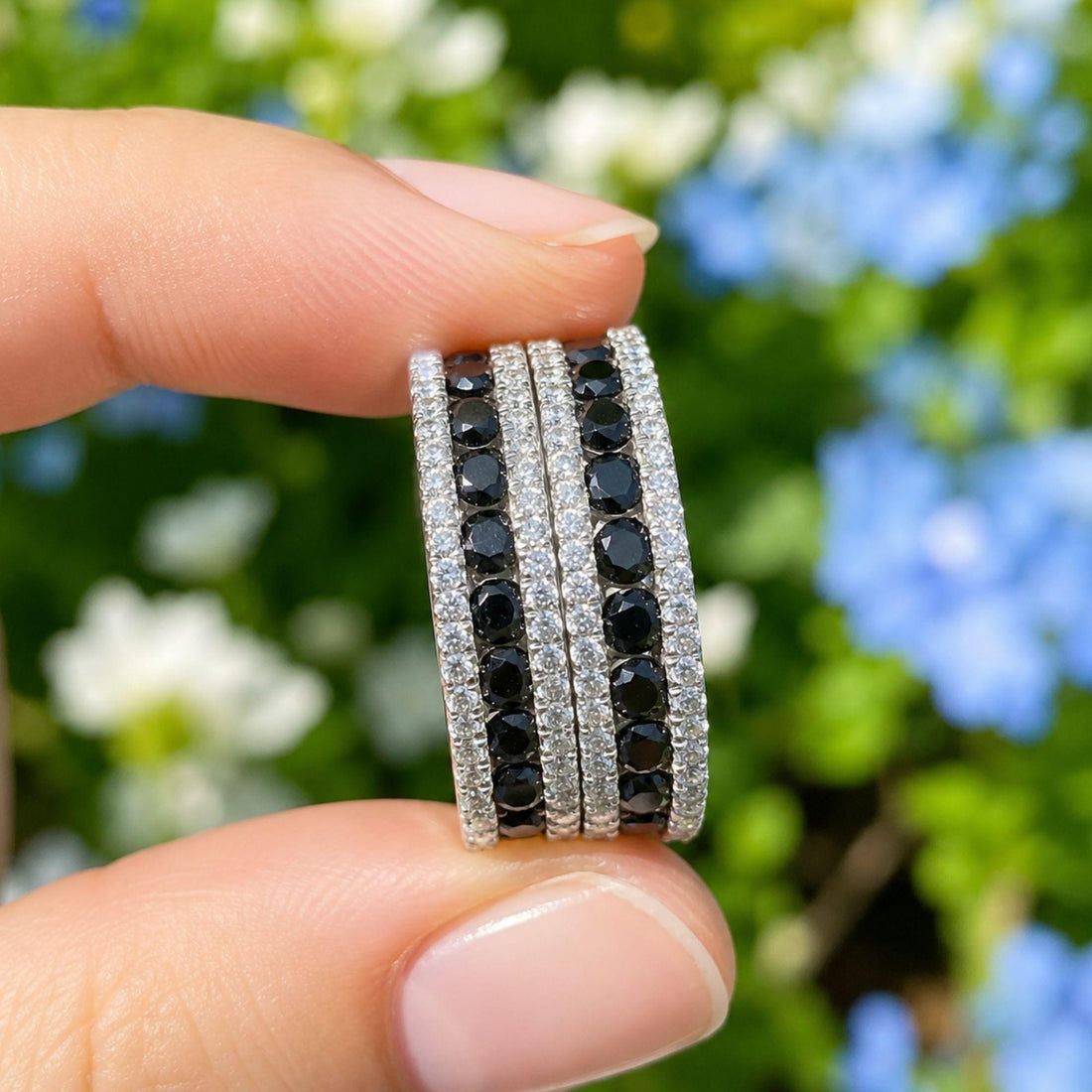 Lab Grown Diamond & Black Moissanite Eternity Band: Black Plated 925 Sterling Silver