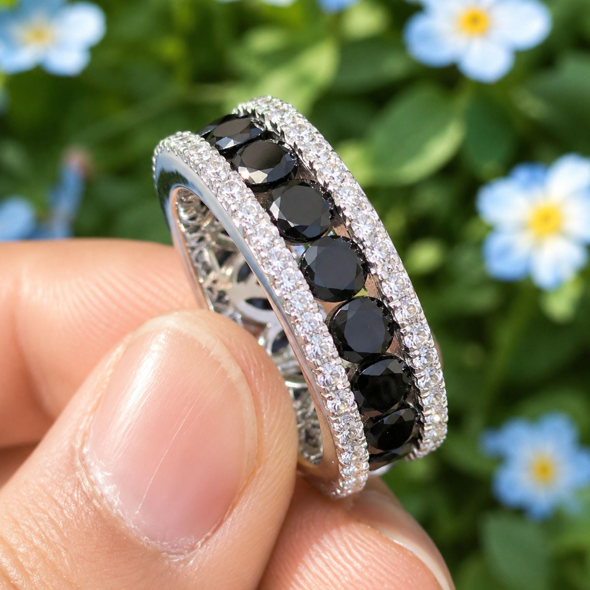 Lab Grown Diamond & Black Moissanite Eternity Band - Sterling Silver Wedding Ring
