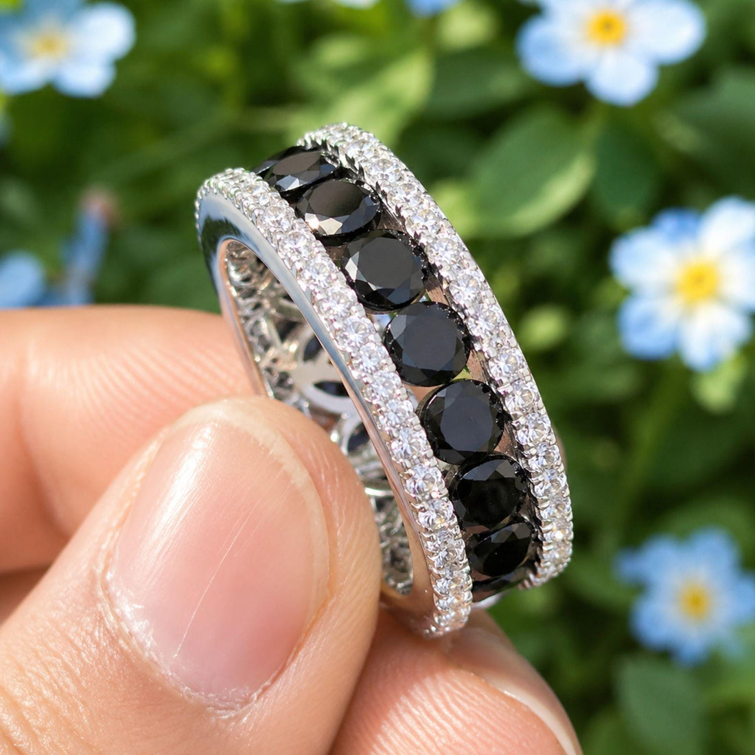 Lab Grown Diamond & Black Moissanite Eternity Band - Sterling Silver Wedding Ring